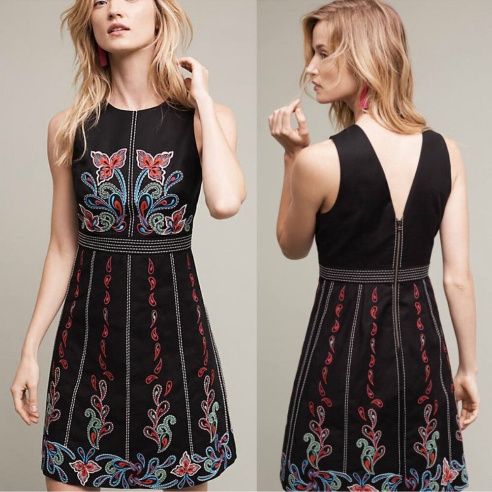 Maeve Black Embroidered Mini Dress with Multicolor Floral Motif